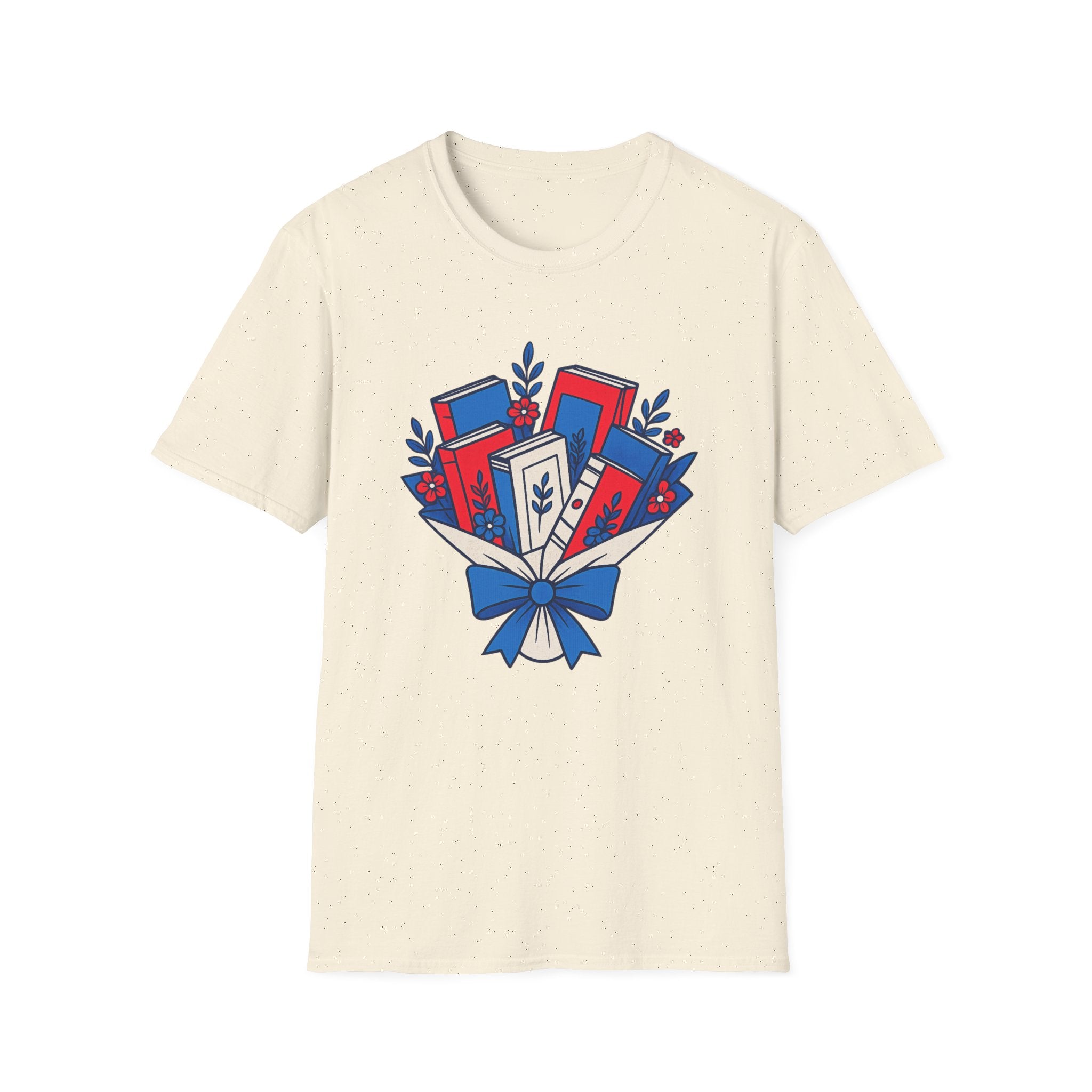 Patriotic Book Bouquet T-Shirt | Fourth Of July Librarian Graphic Tee, Red Blue Reader Ribbon Top