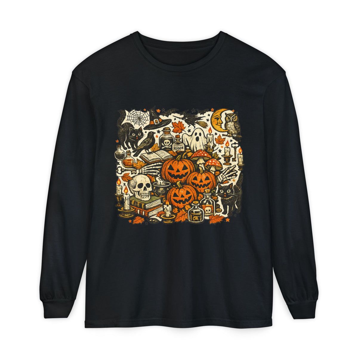 Halloween Vintage Pumpkins, Cats & Spooky Night Long Sleeve T-Shirt