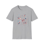Patriotic Doodle Collage T-Shirt, Cute 4th of July Bow Heart Flag Confetti Tee, Whimsical Festive America Shirt, Coquette Patriotic Icon Scatter Gift