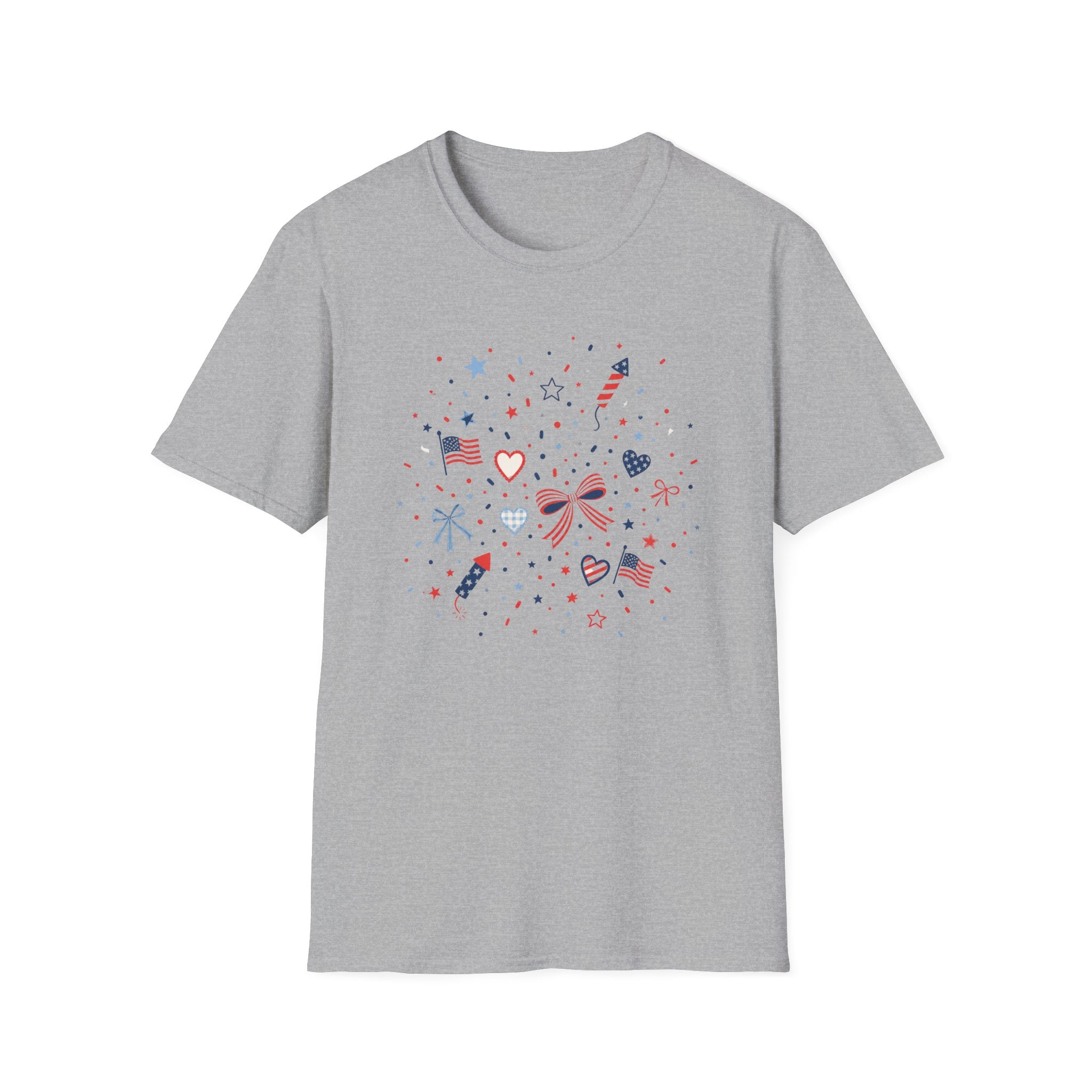 Patriotic Doodle Collage T-Shirt, Cute 4th of July Bow Heart Flag Confetti Tee, Whimsical Festive America Shirt, Coquette Patriotic Icon Scatter Gift