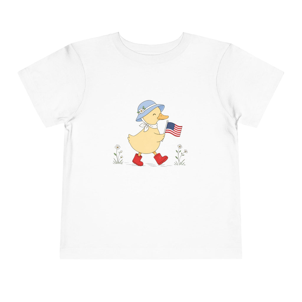 Patriotic Duck USA Tee, Cute Red White Blue Shirt, Summer Flag Graphic Top, Fourth of July Celebration Outfit Toddler Short Sleeve Tee