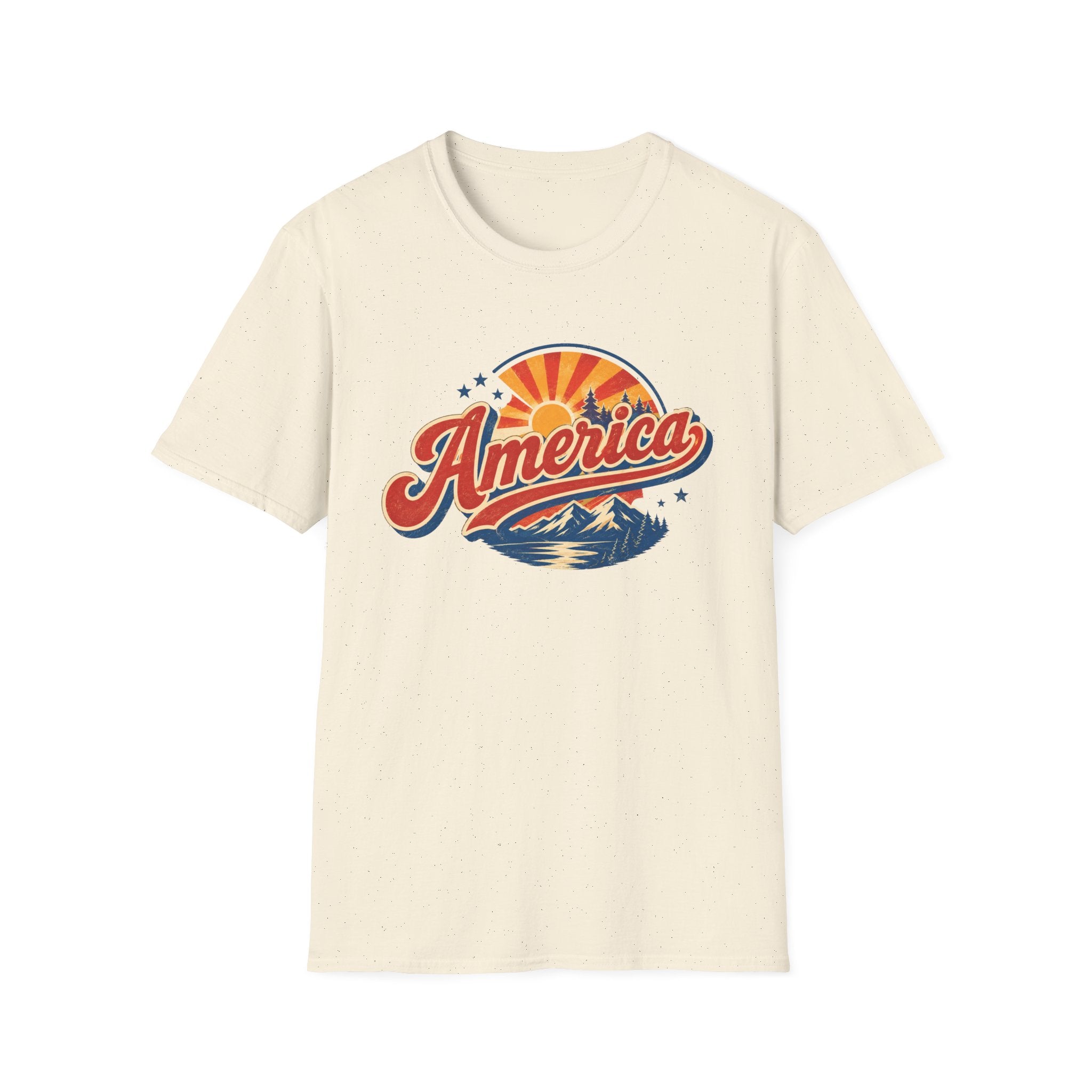 Retro America Shirt 4th of July Vintage Mountain Graphic Tee Sunset Landscape Fourth July Patriotic Stars Nature Lover