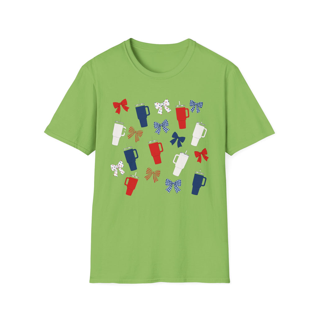 Patriotic Coffee Lover T-Shirt, Americana Bow Graphic Tee, Fourth of July Iced Drink Shirt, Cute Summer Cafe Apparel, Coquette USA Outfit