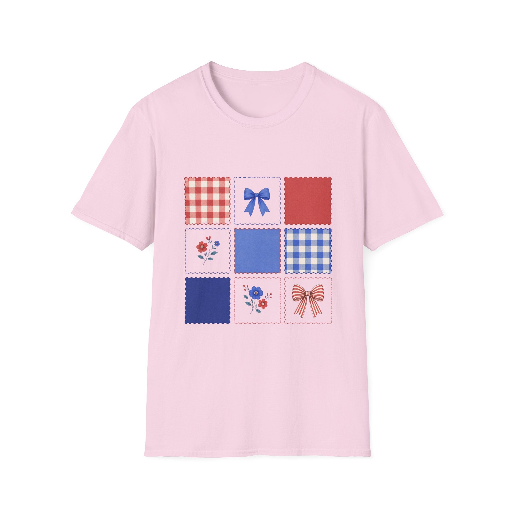 Patriotic Quilt Patch T-Shirt, Coquette Bow Gingham Nine Patch Tee, Cottagecore 4th of July Grid Shirt, Red Blue Floral Folk Quilt Square