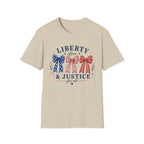 Liberty Love Justice Tee, Patriotic Bows USA Shirt, Red White Blue Graphic Top, American Pride Fourth of July Outfit T-Shirt