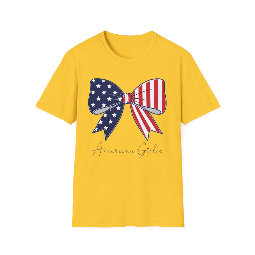 American Girl T-Shirt, Coquette Patriotic Flag Bow Tee, 4th of July Shirt, USA Stars Stripes Bow Script Gift, Cute Independence Day Tee