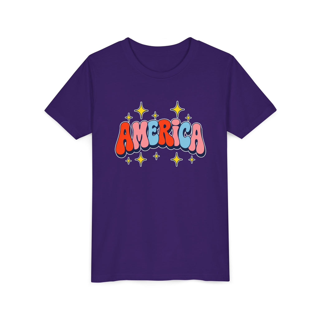 America Bubble Letters Tee, Patriotic Red Blue Graphic Shirt, Cute USA Star Design Top, Fourth of July Celebration Outfit Youth Short Sleeve Tee