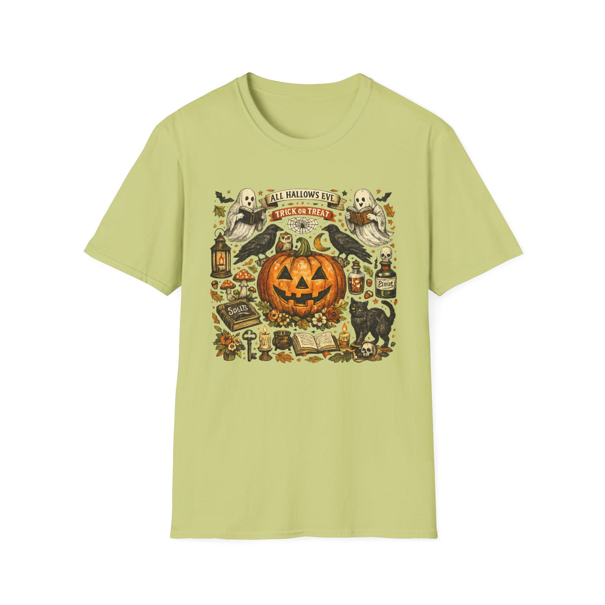 Halloween Pumpkin & Ghost Tee — "All Hallows Eve, Trick or Treat" Graphic T-Shirt