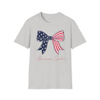 American Girlie Bow Shirt, Clean Split Flag Coquette Tee, Navy Stars Red Stripes Bow 4th of July Women Girls, Bold Graphic Patriotic Script Gift Independence Day