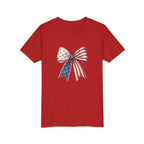 Patriotic Flag Bow Tee, Red White Blue USA Shirt, American Pride Graphic Top, Fourth of July Celebration Outfit Youth Short Sleeve Tee