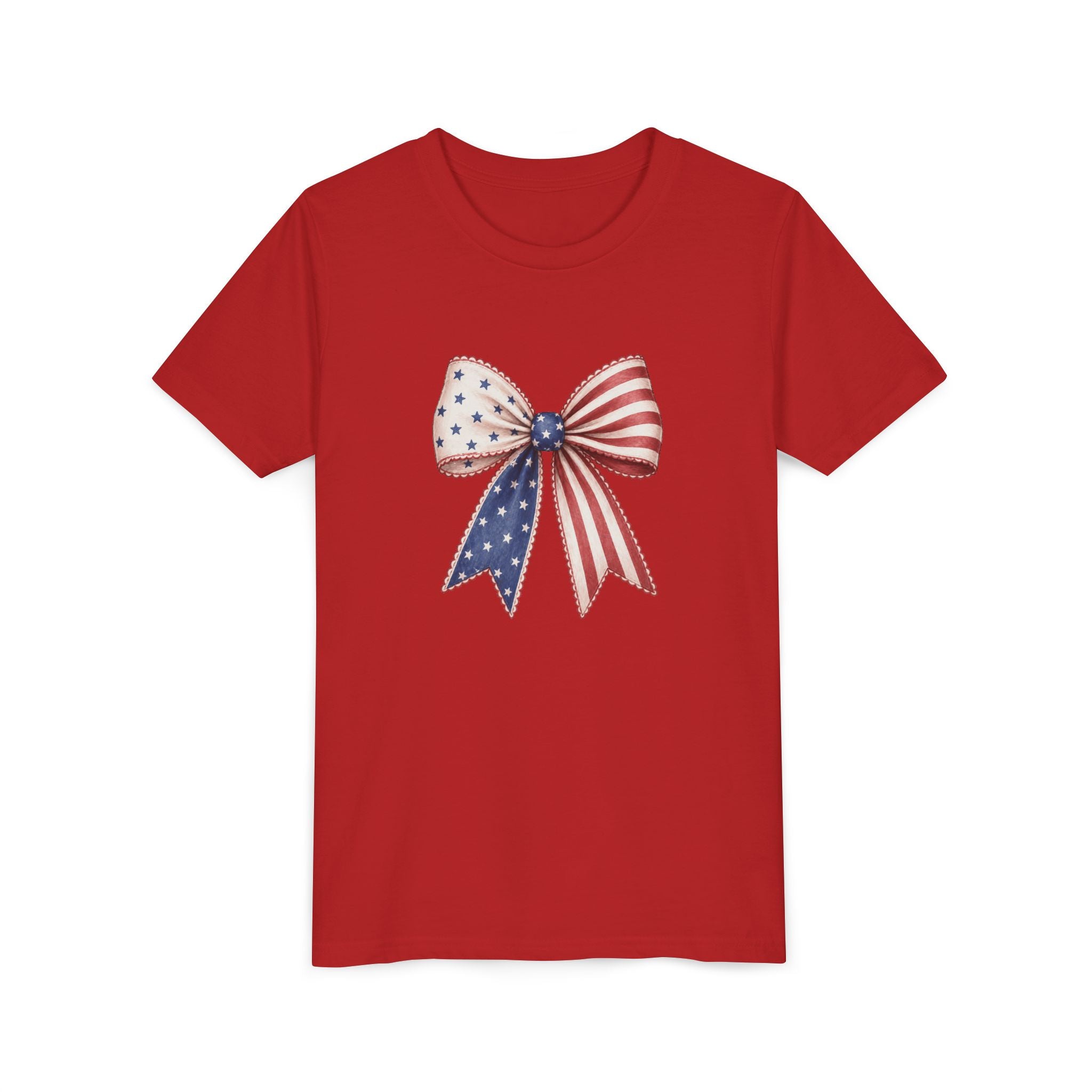 Patriotic Flag Bow Tee, Red White Blue USA Shirt, American Pride Graphic Top, Fourth of July Celebration Outfit Youth Short Sleeve Tee