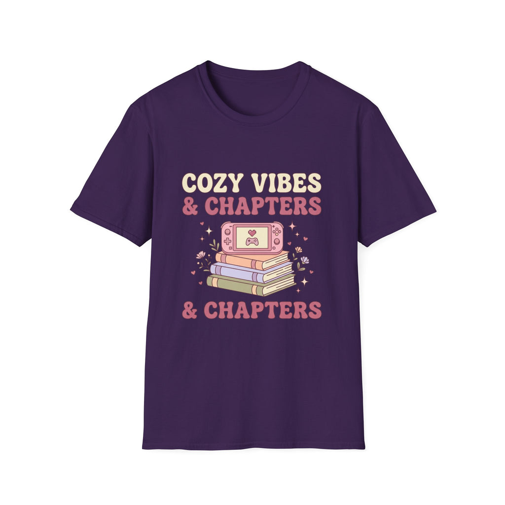 Cozy Vibes & Chapters T-Shirt — Cute Gamer + Booklover Graphic Tee