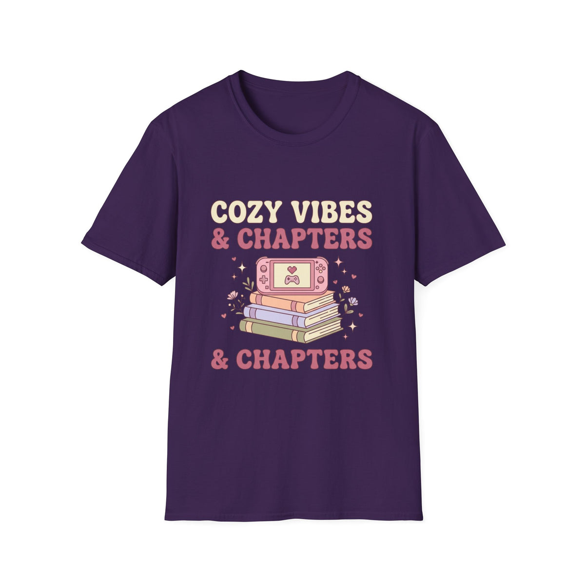 Cozy Vibes & Chapters T-Shirt — Cute Gamer + Booklover Graphic Tee