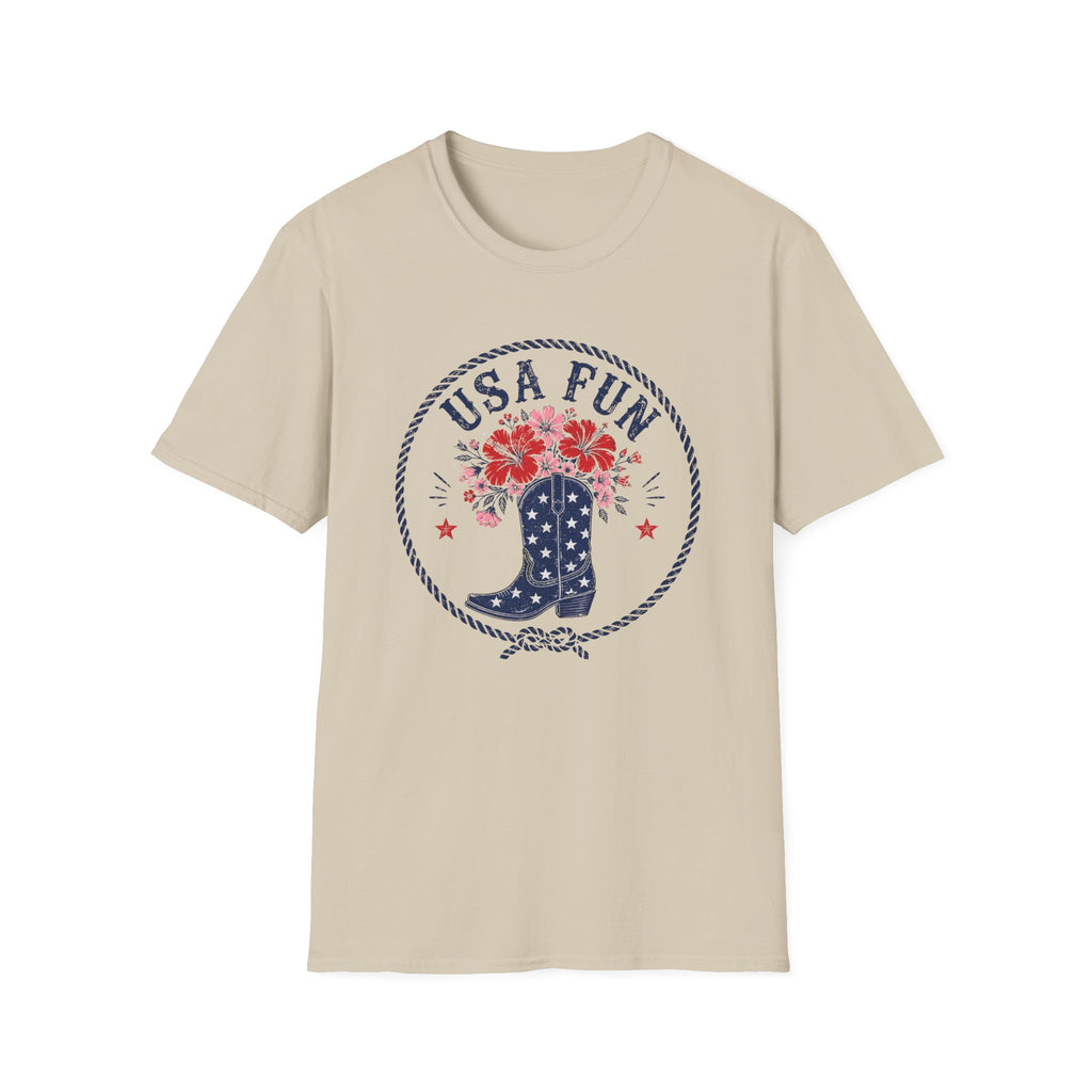 USA Fun Floral Cowboy Boot T-Shirt, Western Patriotic Hibiscus Boot Tee, Country 4th of July Rope Circle Shirt, Star Boot Wildflower America Gift