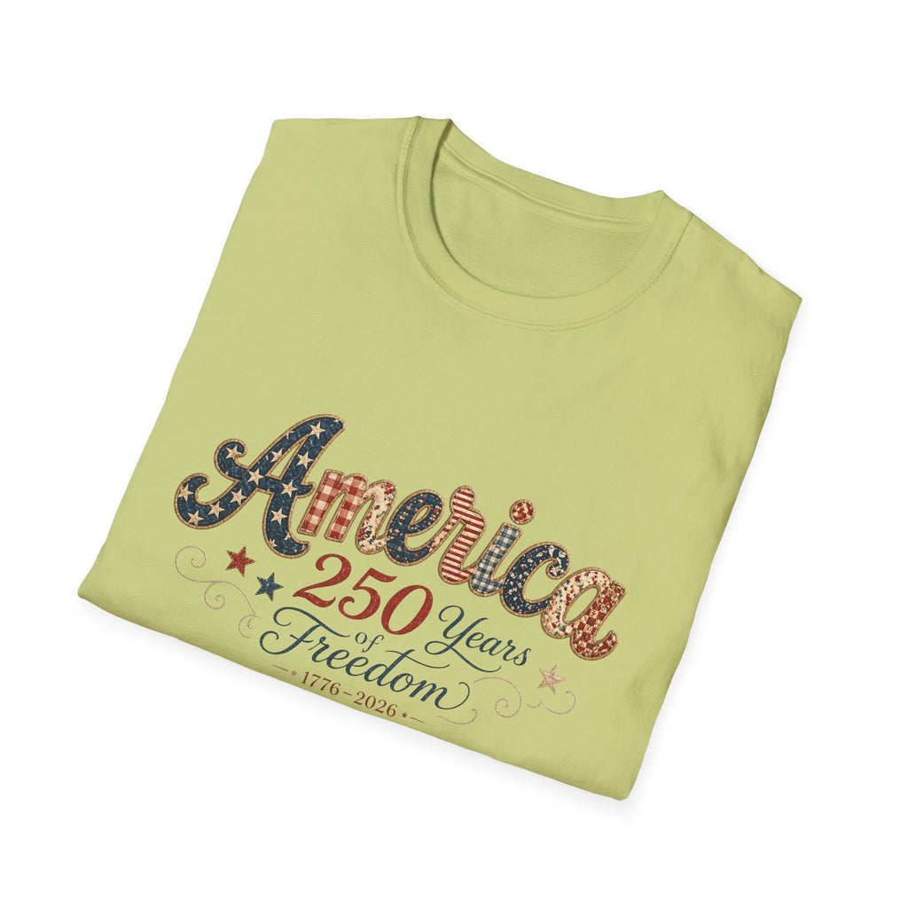 America 250 Years of Freedom Patchwork Shirt, Retro Patriotic Script Tee 1776 2026, 4th of July Vintage Americana T-Shirt, Gingham Stars Scrollwork Anniversary