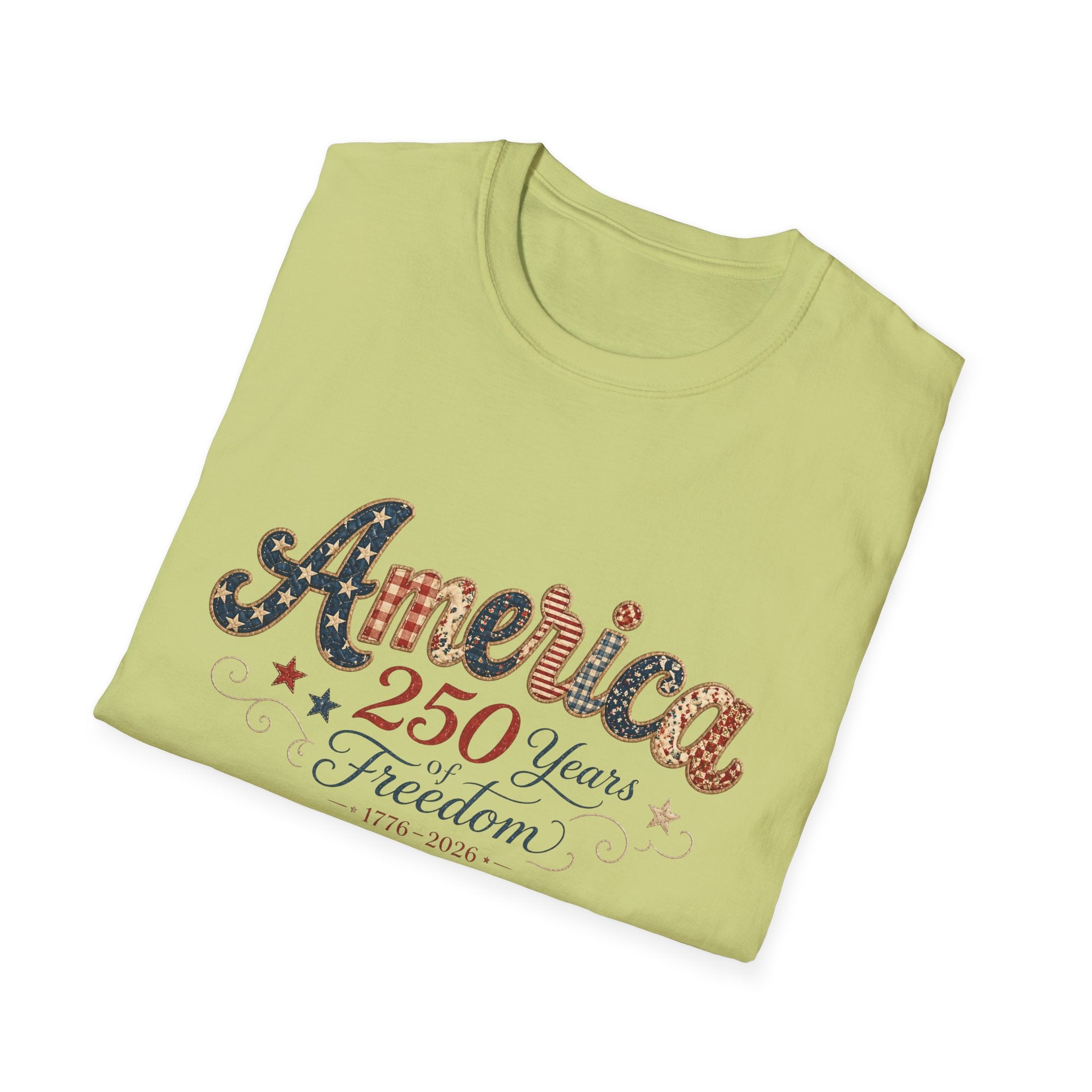 America 250 Years of Freedom Patchwork Shirt, Retro Patriotic Script Tee 1776 2026, 4th of July Vintage Americana T-Shirt, Gingham Stars Scrollwork Anniversary
