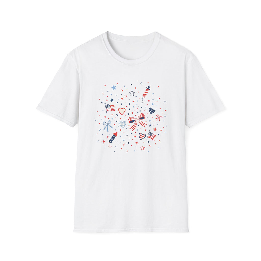 Patriotic Doodle Collage T-Shirt, Cute 4th of July Bow Heart Flag Confetti Tee, Whimsical Festive America Shirt, Coquette Patriotic Icon Scatter Gift