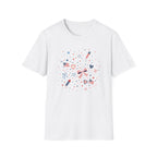 Patriotic Doodle Collage T-Shirt, Cute 4th of July Bow Heart Flag Confetti Tee, Whimsical Festive America Shirt, Coquette Patriotic Icon Scatter Gift