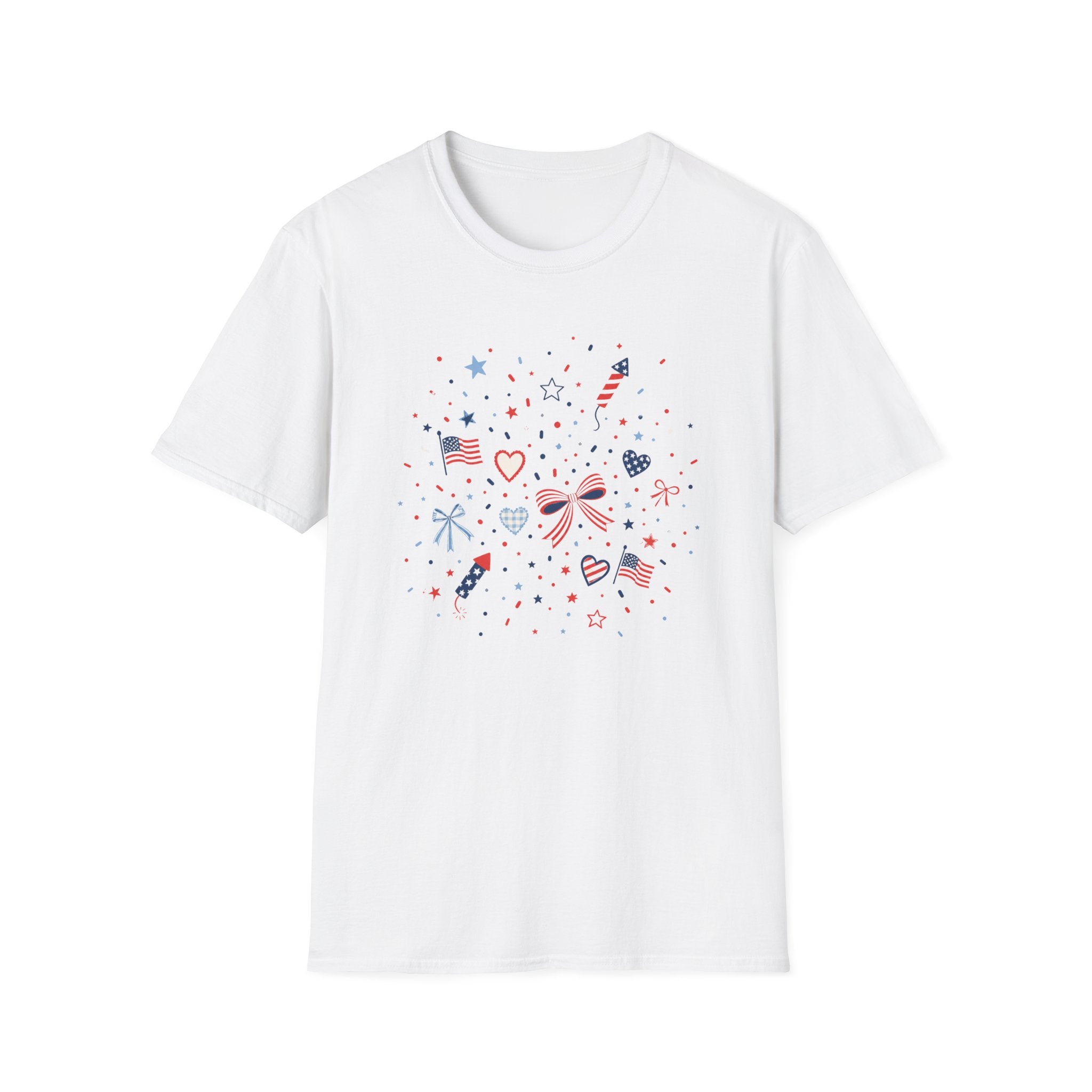 Patriotic Doodle Collage T-Shirt, Cute 4th of July Bow Heart Flag Confetti Tee, Whimsical Festive America Shirt, Coquette Patriotic Icon Scatter Gift