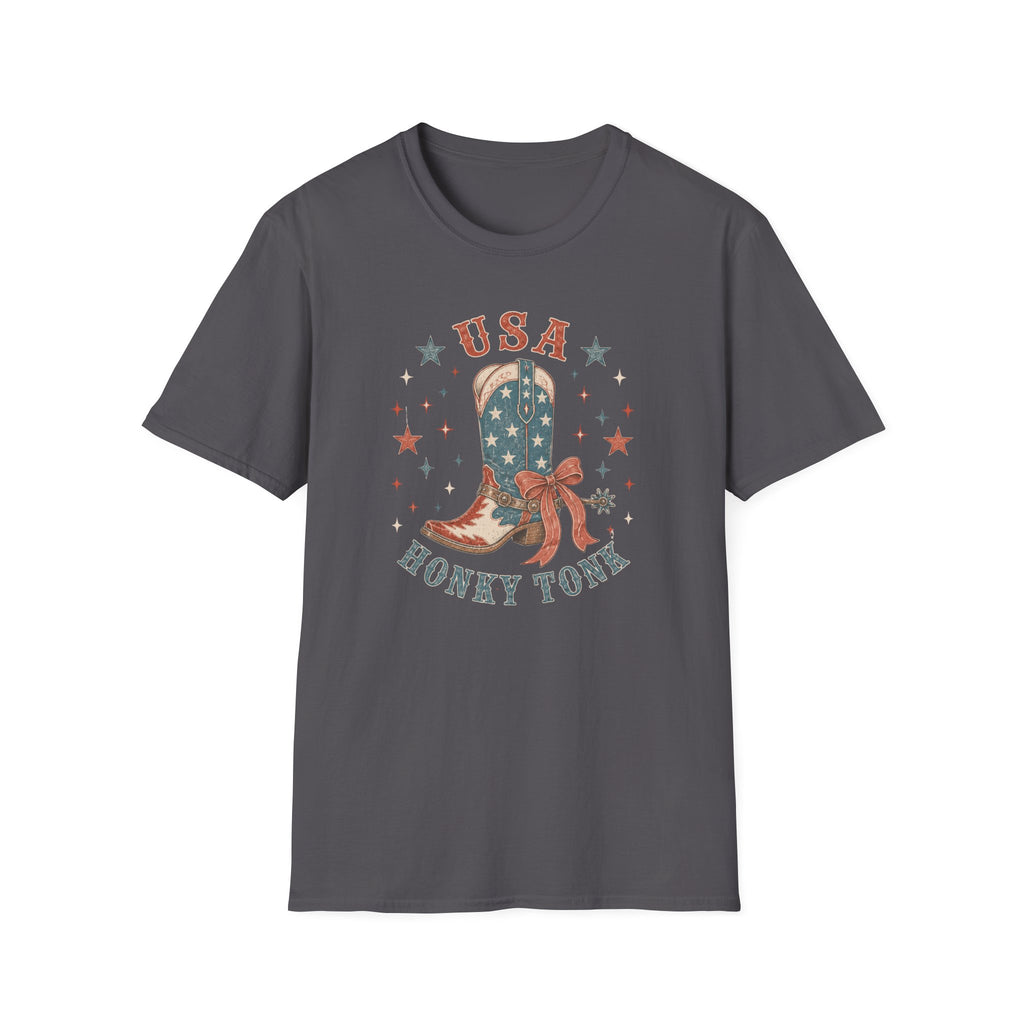 USA Honky Tonk T-Shirt, Patriotic Cowboy Boot Coquette Bow Tee, Country Western 4th of July Shirt, Star Cowgirl Boot America Gift Women, Country Patriotic Concert Tee