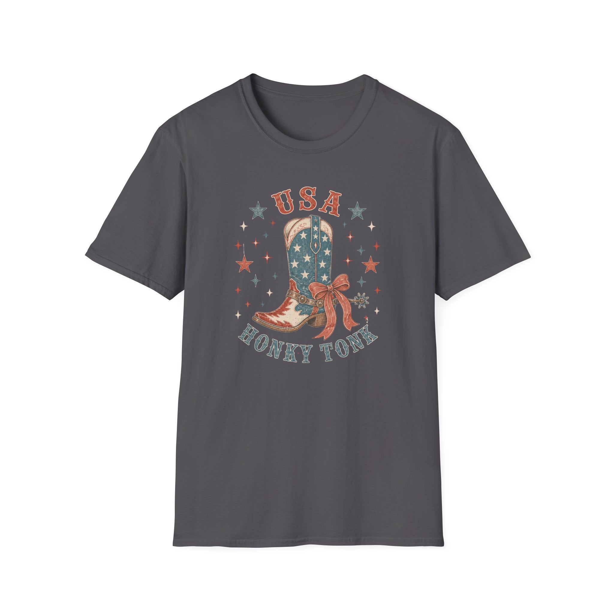 USA Honky Tonk T-Shirt, Patriotic Cowboy Boot Coquette Bow Tee, Country Western 4th of July Shirt, Star Cowgirl Boot America Gift Women, Country Patriotic Concert Tee