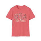 USA 250 Years T-Shirt | Semiquincentennial Patriotic Floral Graphic Tee, 1776 2026 Varsity Block Lettering Top