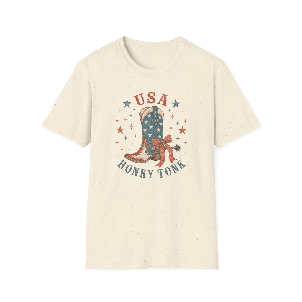 USA Honky Tonk T-Shirt, Patriotic Cowboy Boot Coquette Bow Tee, Country Western 4th of July Shirt, Star Cowgirl Boot America Gift Women, Country Patriotic Concert Tee