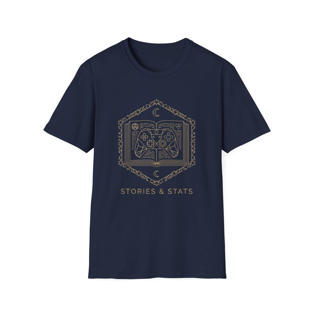 Gaming T-Shirt — 'Stories & Stats' Controller Spellbook Graphic