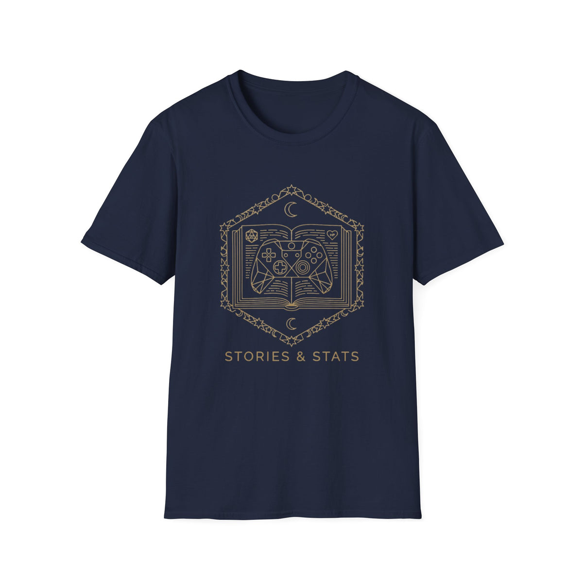 Gaming T-Shirt — 'Stories & Stats' Controller Spellbook Graphic