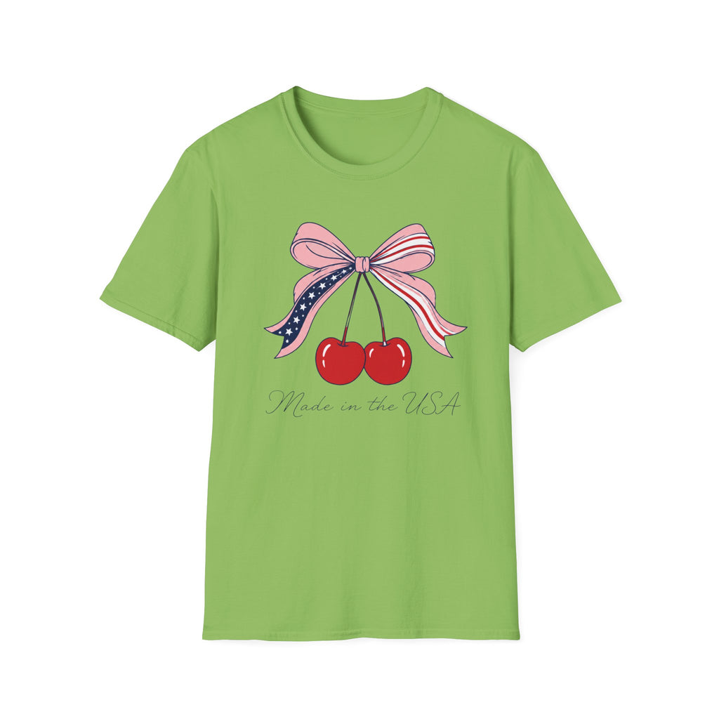 Made in the USA Cherry Tee, Patriotic Red White Blue Shirt, Cute Bow Fruit Graphic Top, Fourth of July Summer Outfit Unisex Softstyle T-Shirt
