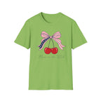 Made in the USA Cherry Tee, Patriotic Red White Blue Shirt, Cute Bow Fruit Graphic Top, Fourth of July Summer Outfit Unisex Softstyle T-Shirt