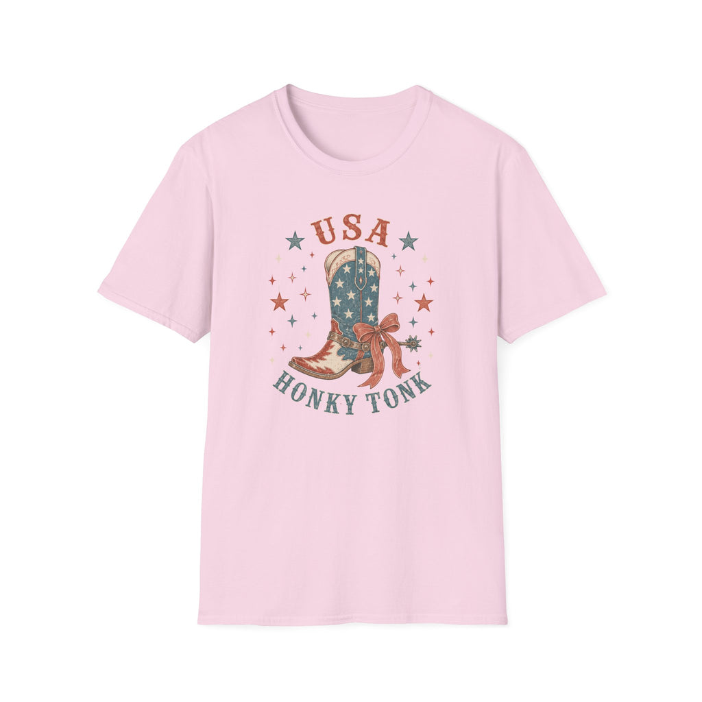 USA Honky Tonk T-Shirt, Patriotic Cowboy Boot Coquette Bow Tee, Country Western 4th of July Shirt, Star Cowgirl Boot America Gift Women, Country Patriotic Concert Tee
