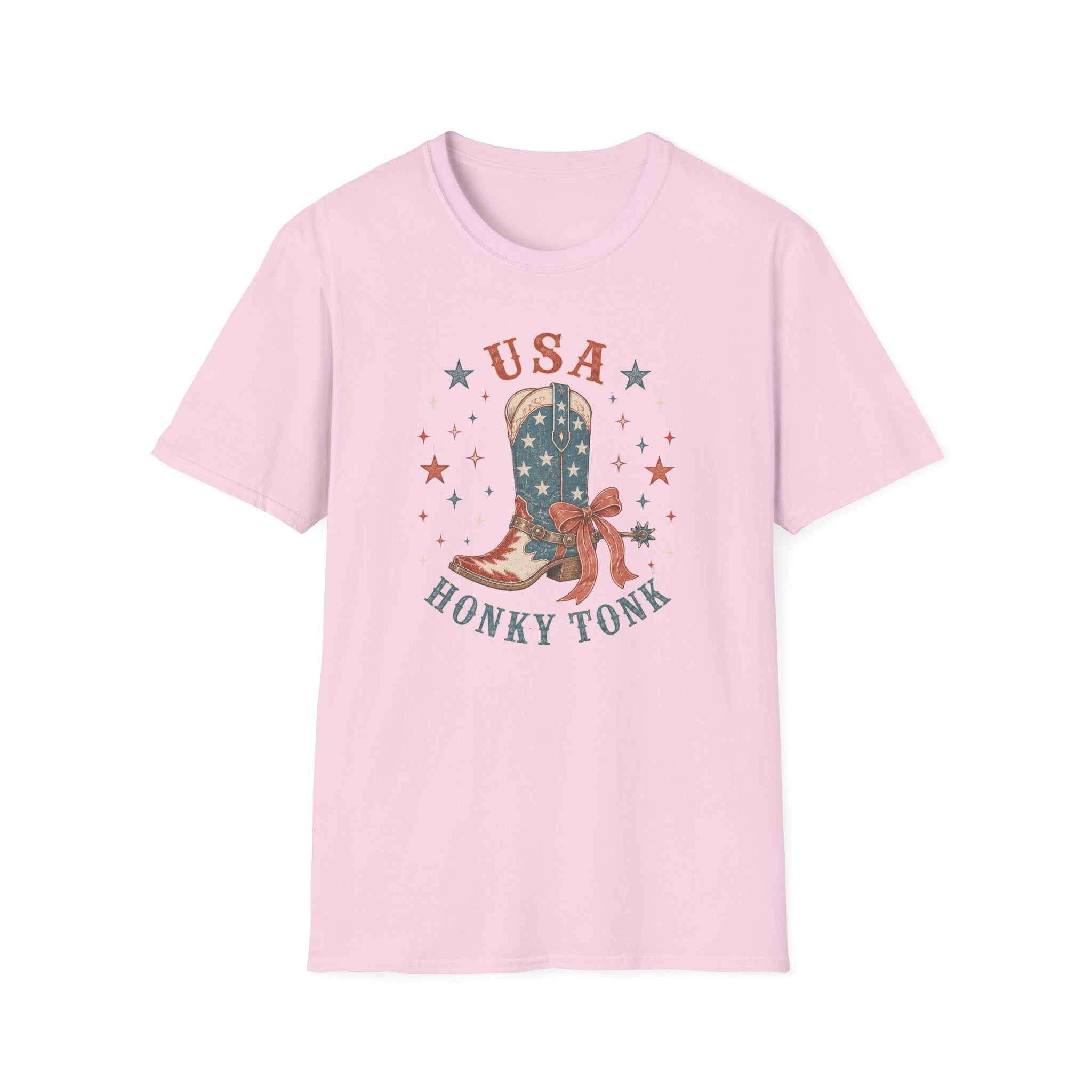 USA Honky Tonk T-Shirt, Patriotic Cowboy Boot Coquette Bow Tee, Country Western 4th of July Shirt, Star Cowgirl Boot America Gift Women, Country Patriotic Concert Tee