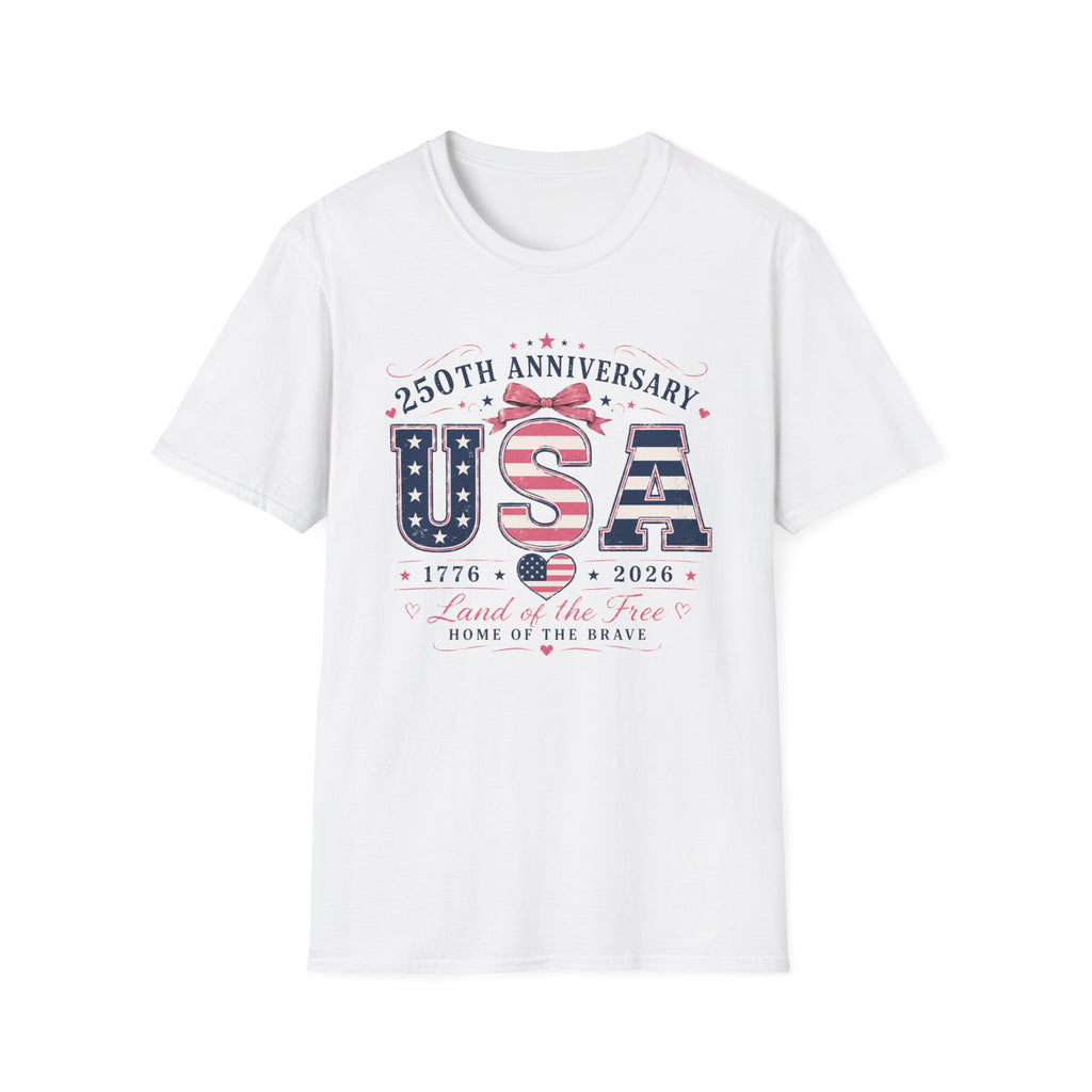 250th Anniversary USA Coquette Bow Shirt, Land of the Free Home of the Brave Women's Tee, Varsity Stars Stripes Heart 1776 2026 T-Shirt