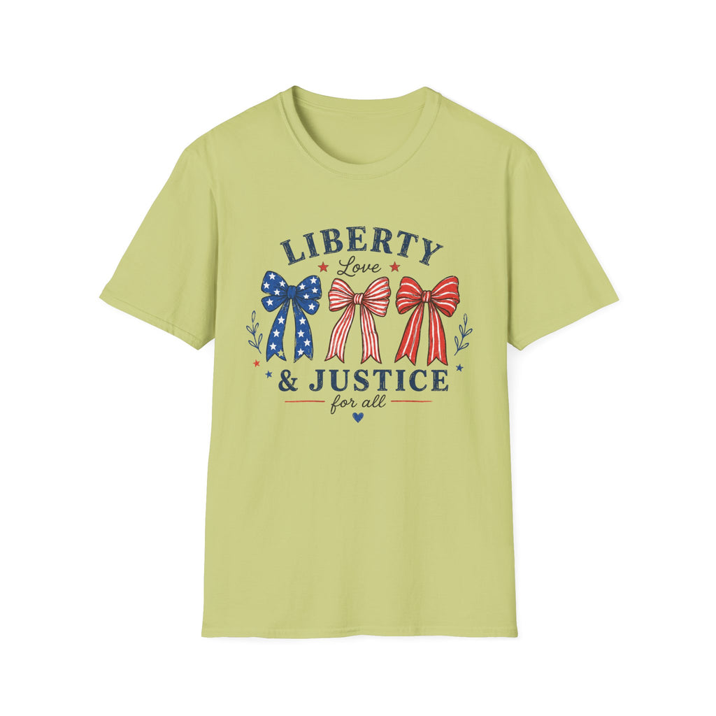 Liberty Love Justice Tee, Patriotic Bows USA Shirt, Red White Blue Graphic Top, American Pride Fourth of July Outfit T-Shirt