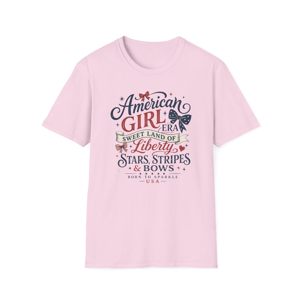 American Girl Era Tee, Sweet Land of Liberty Shirt, Stars Stripes Bows Graphic Top, USA Born Raised Patriotic Outfit T-Shirt