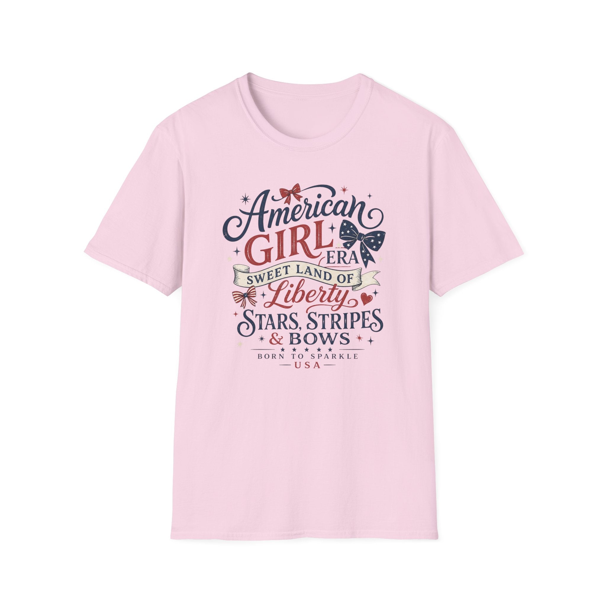 American Girl Era Tee, Sweet Land of Liberty Shirt, Stars Stripes Bows Graphic Top, USA Born Raised Patriotic Outfit T-Shirt