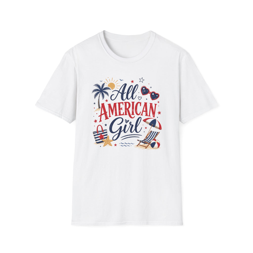 All American Girl Graphic Tee - Patriotic 4th of July Summer Beach T-Shirt