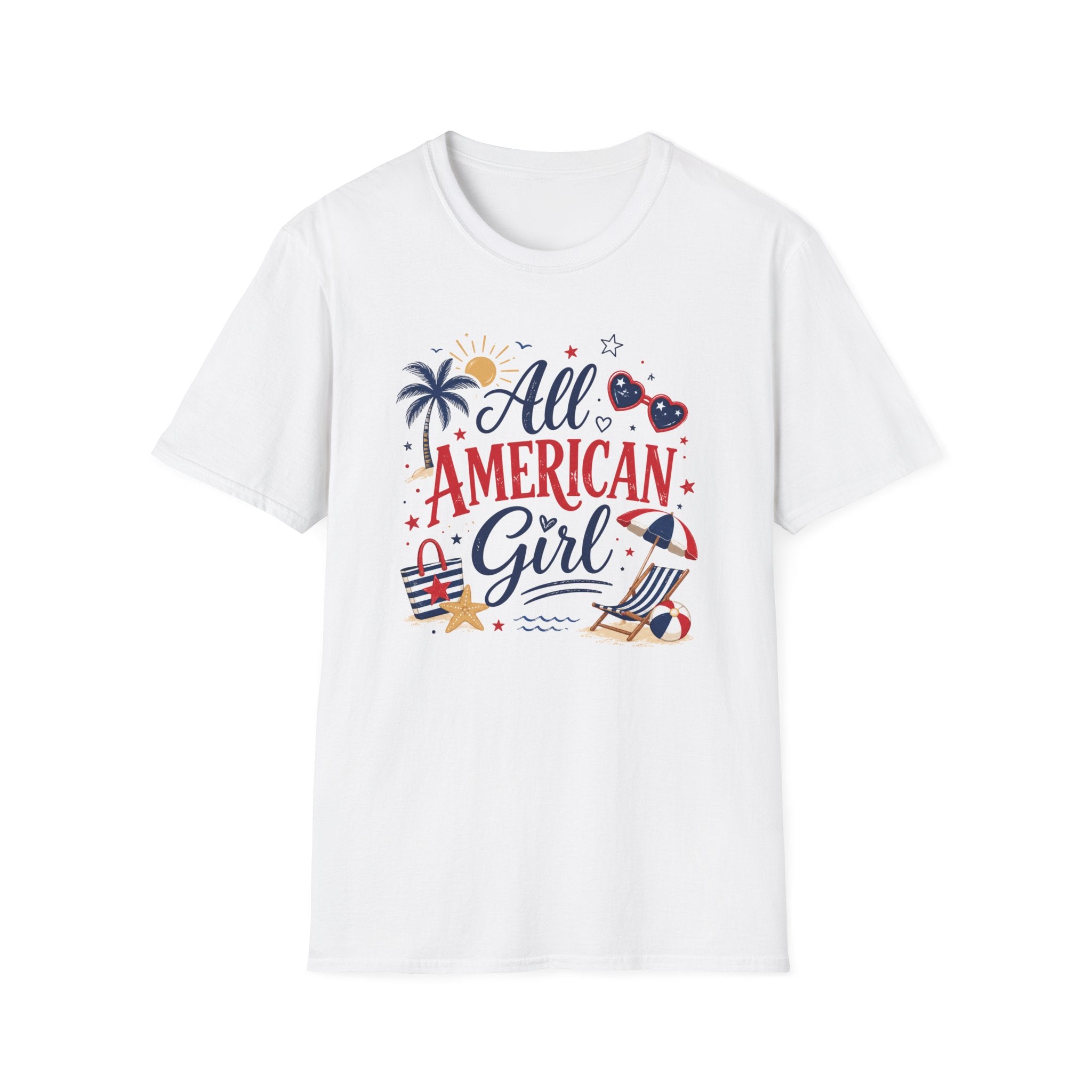 All American Girl Graphic Tee - Patriotic 4th of July Summer Beach T-Shirt