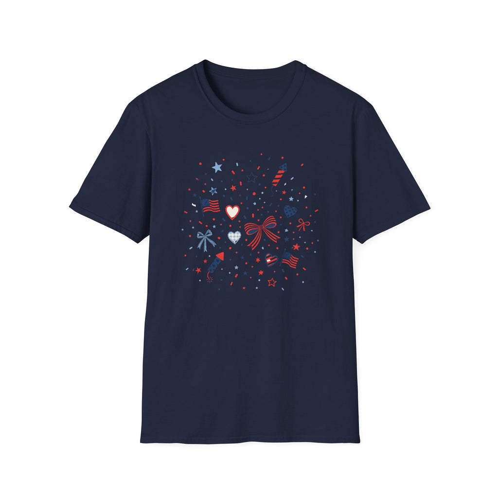 Patriotic Doodle Collage T-Shirt, Cute 4th of July Bow Heart Flag Confetti Tee, Whimsical Festive America Shirt, Coquette Patriotic Icon Scatter Gift