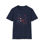Patriotic Doodle Collage T-Shirt, Cute 4th of July Bow Heart Flag Confetti Tee, Whimsical Festive America Shirt, Coquette Patriotic Icon Scatter Gift