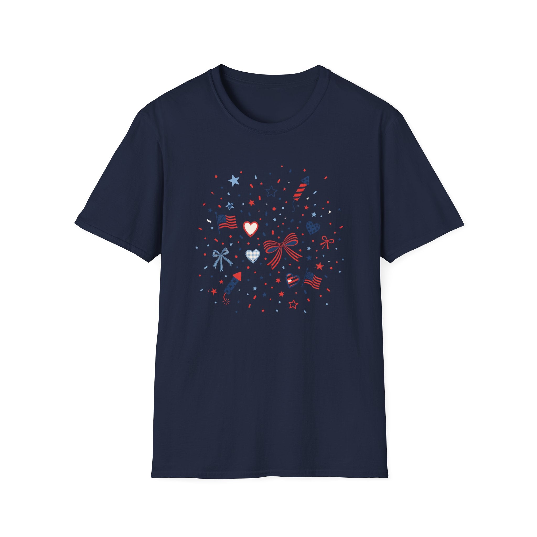 Patriotic Doodle Collage T-Shirt, Cute 4th of July Bow Heart Flag Confetti Tee, Whimsical Festive America Shirt, Coquette Patriotic Icon Scatter Gift