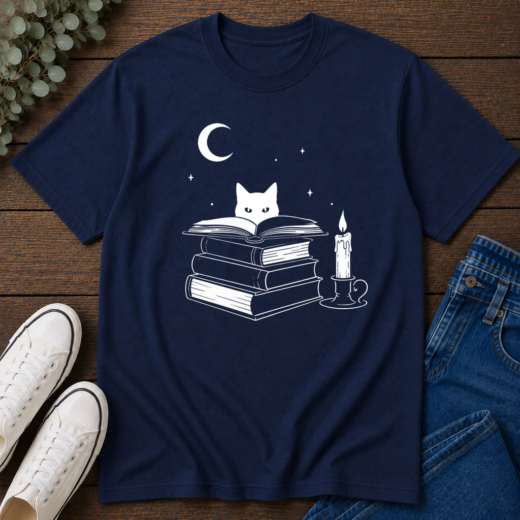 Cat & Books T‑Shirt — Mystical Reading Graphic Tee
