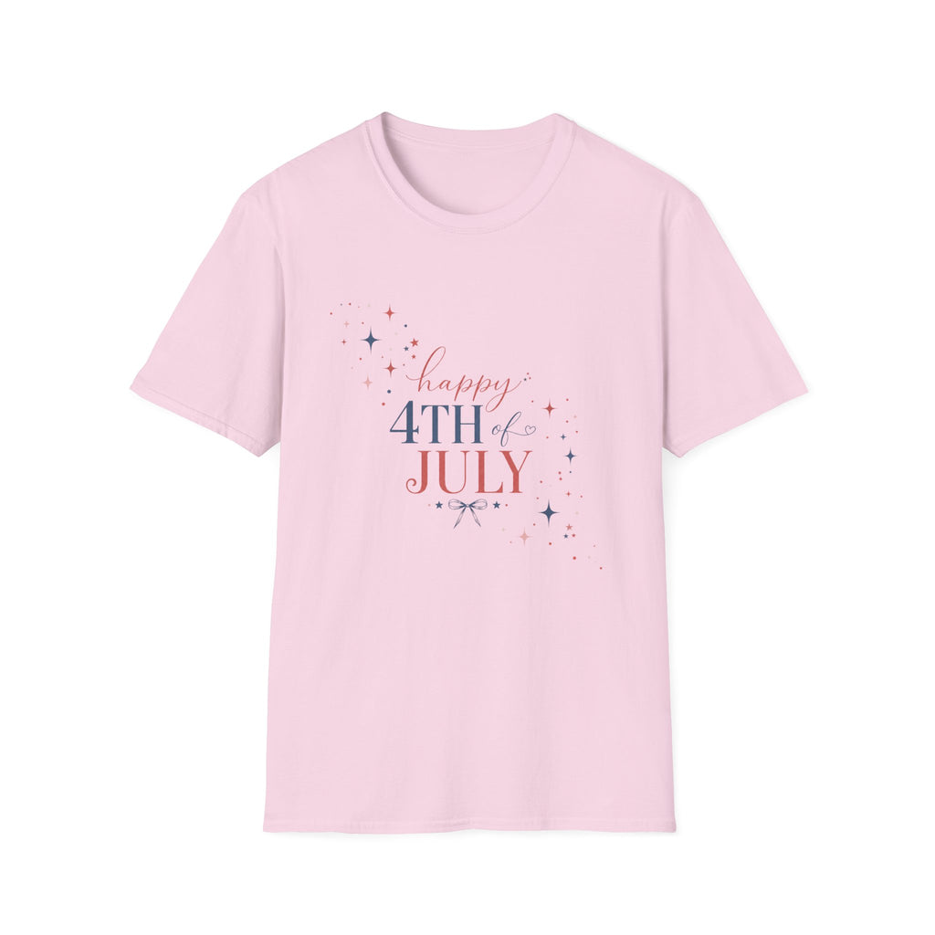 Happy 4th of July Sparkle Bow T-Shirt, Coquette Patriotic Sparkle Star Tee, Feminine Independence Day Shirt, Cute Mixed Typography 4th July