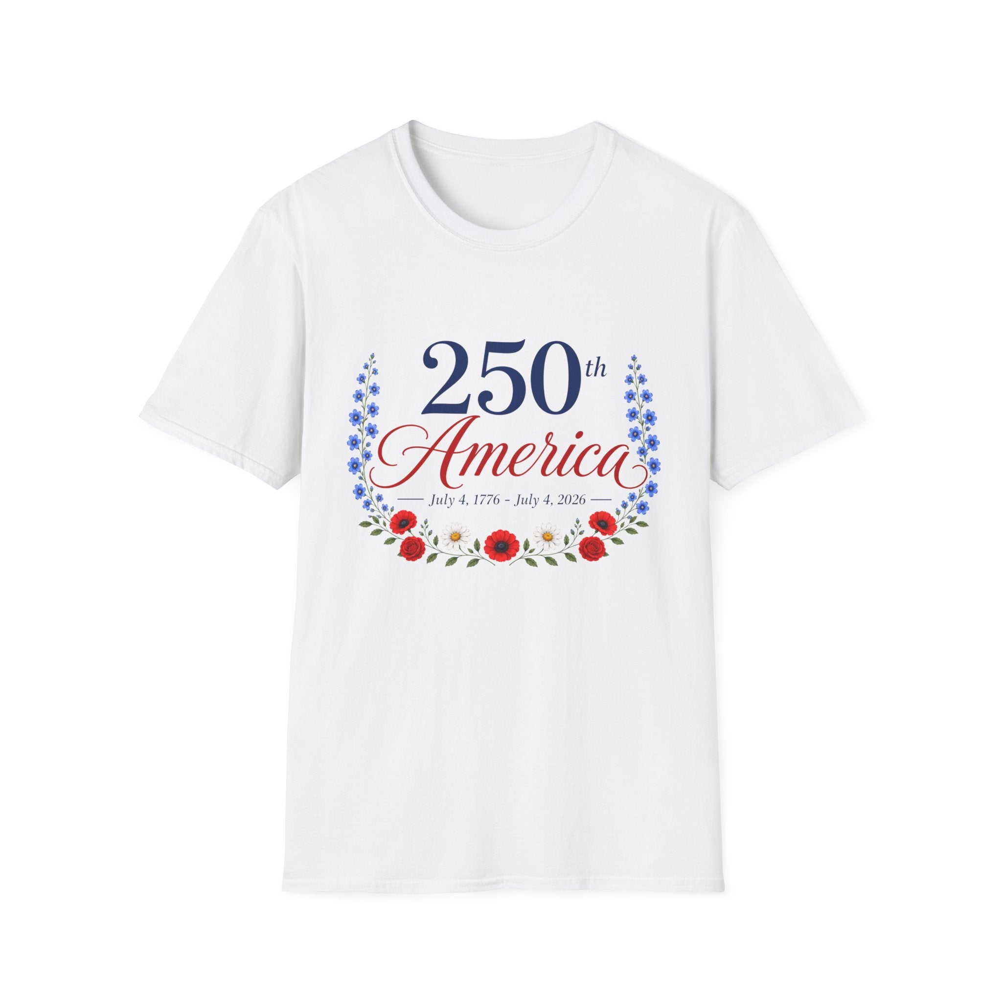 250th America Floral T-Shirt, July 4 1776 2026 Anniversary Tee, Patriotic Flower Shirt, America 250th Birthday Gift, Cottagecore 4th of July Tee