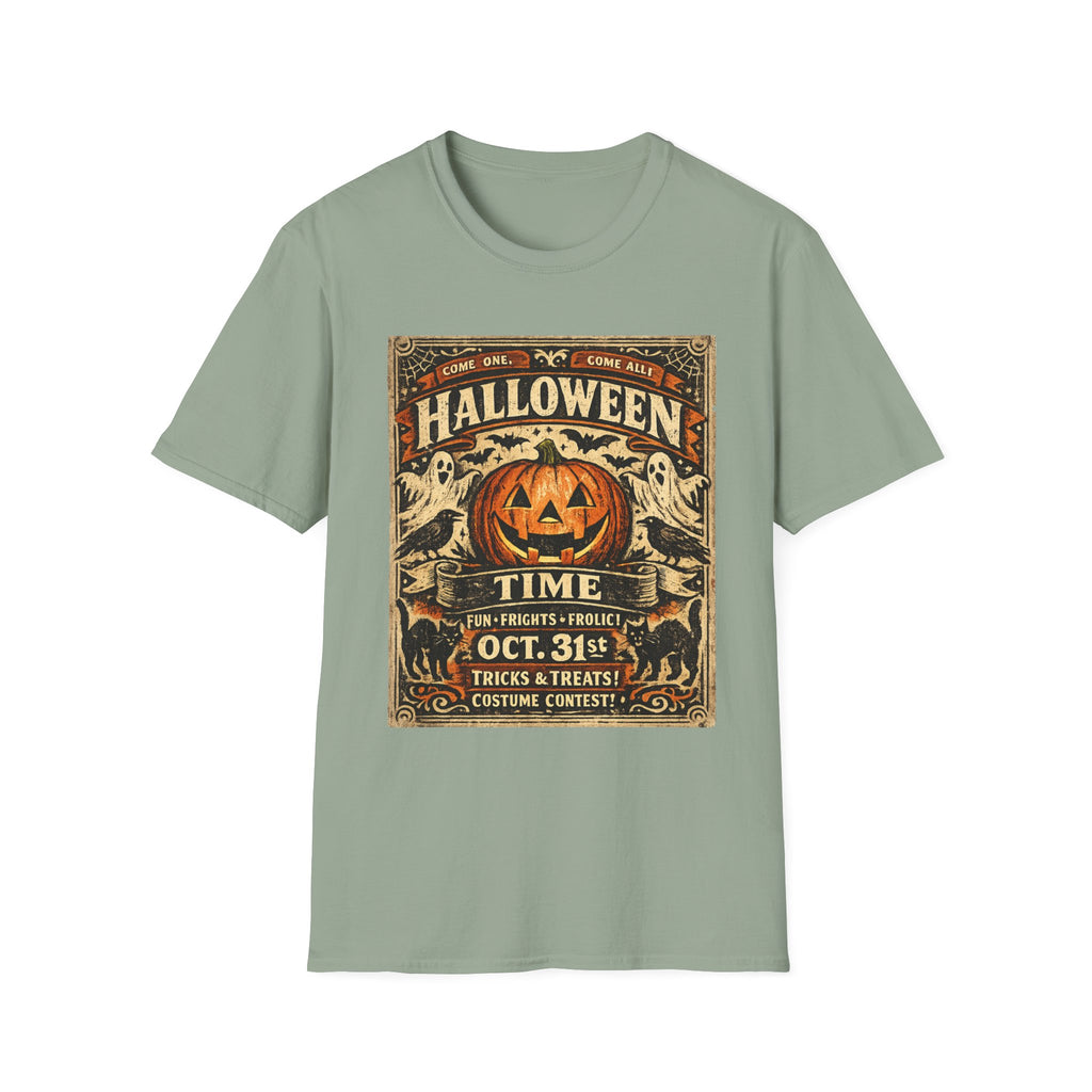 Vintage Halloween Pumpkin T-Shirt — "Halloween Time" Retro Poster Tee