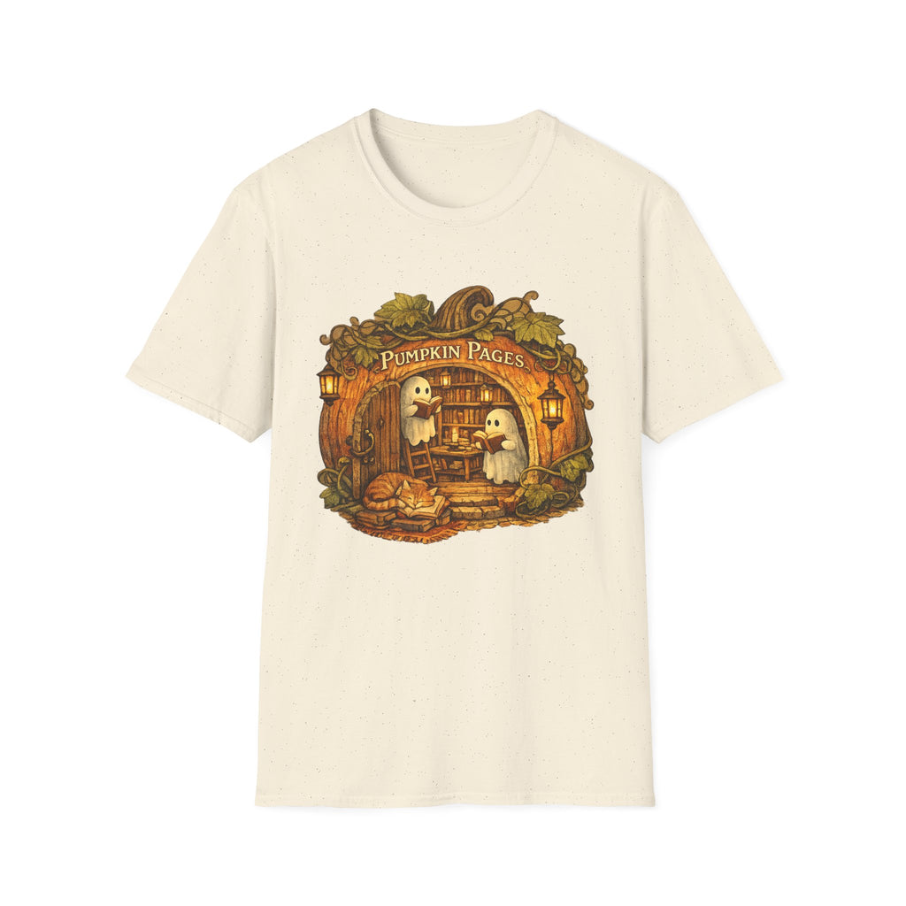 Pumpkin Pages Halloween T‑Shirt — Cute Ghosts Reading in Pumpkin Library