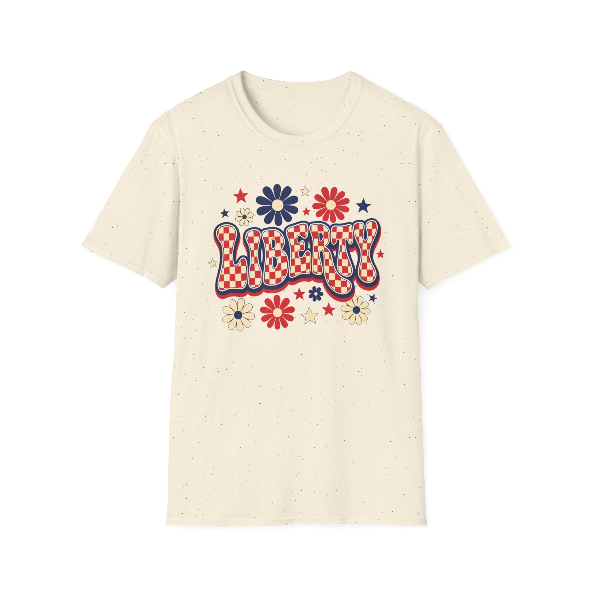 Liberty Retro USA Tee, Vintage Red White Blue Shirt, Patriotic Floral Graphic Top, Fourth of July Celebration Outfit Unisex Softstyle T-Shirt