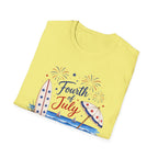 Fourth of July Beach Scene T-Shirt, Patriotic Summer Ocean Surfboard Tee, 4th of July Beach Vacation Shirt, Fireworks Umbrella Surfboard America
