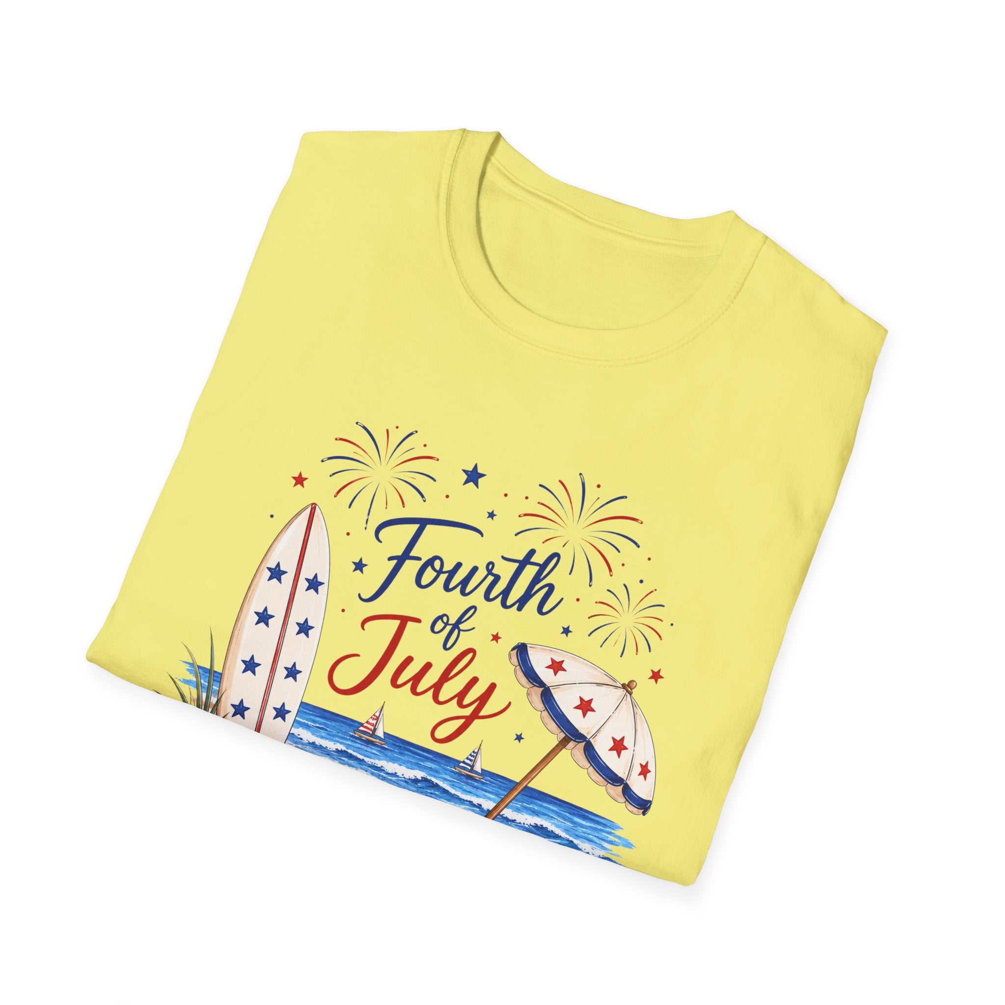 Fourth of July Beach Scene T-Shirt, Patriotic Summer Ocean Surfboard Tee, 4th of July Beach Vacation Shirt, Fireworks Umbrella Surfboard America